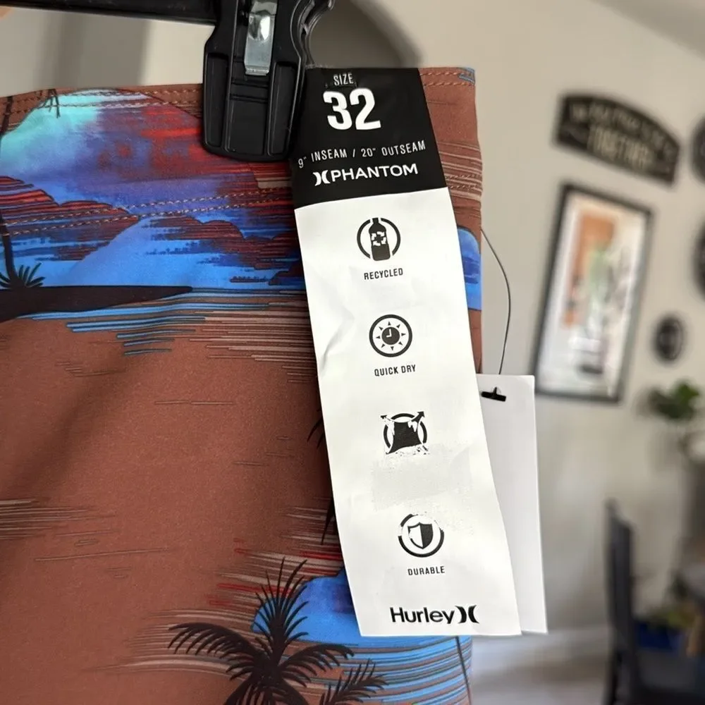 NWT Hurley Board Shorts Swim Phantom Quick Dry 4 Way Stretch Palm Tree Brown